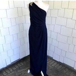 Calvin Klein draped one shoulder navy gown